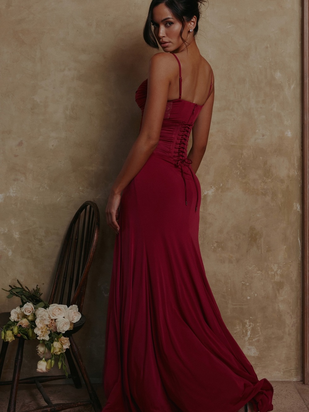 House Of CB Sabrine Wine Lace Trim Maxi Dress + Corset - Picture 4 of 11